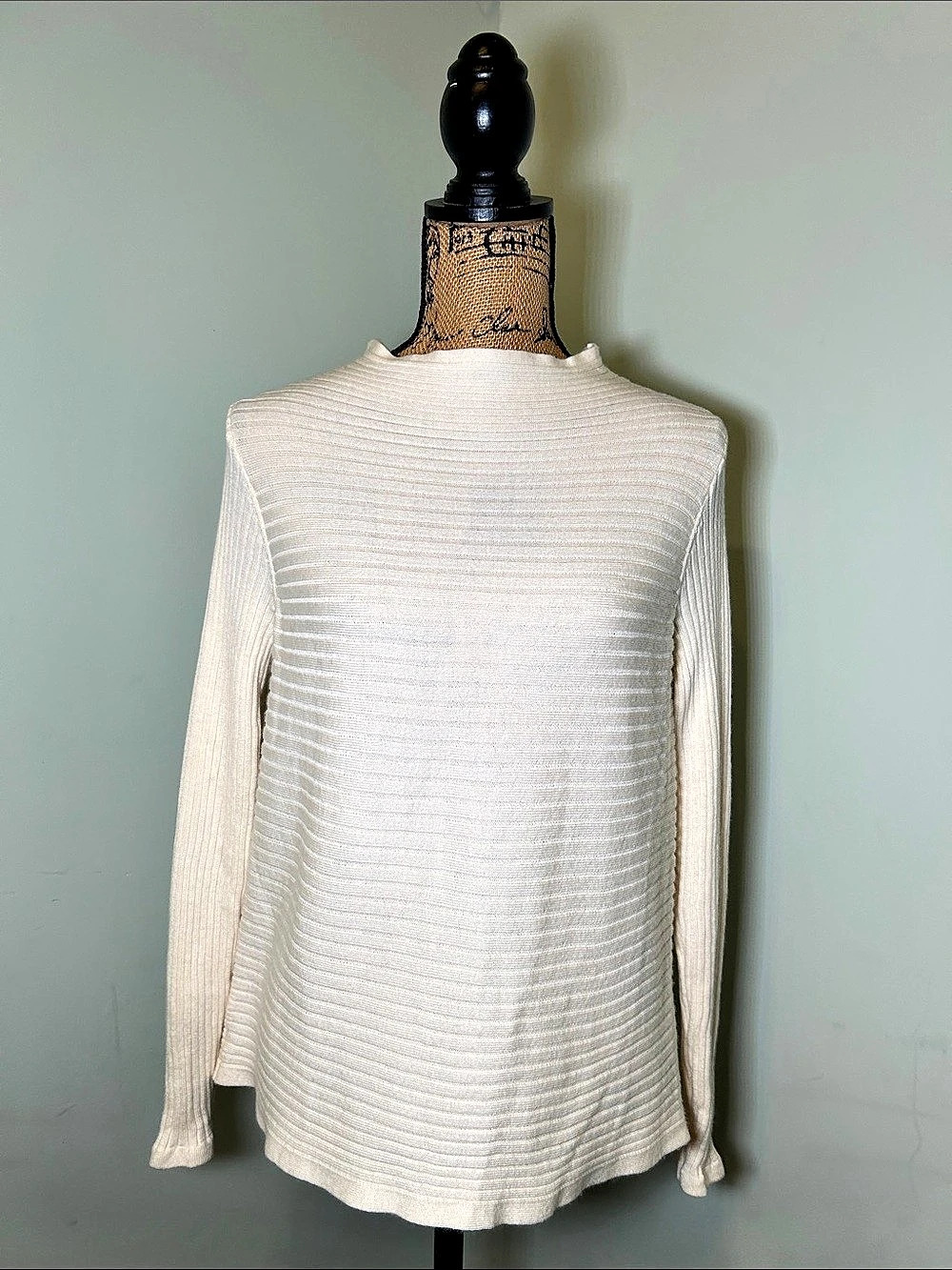 Eileen Fisher 100% Fine Merino Italian Wool Ribbed Mock Neck Cream Sweater S